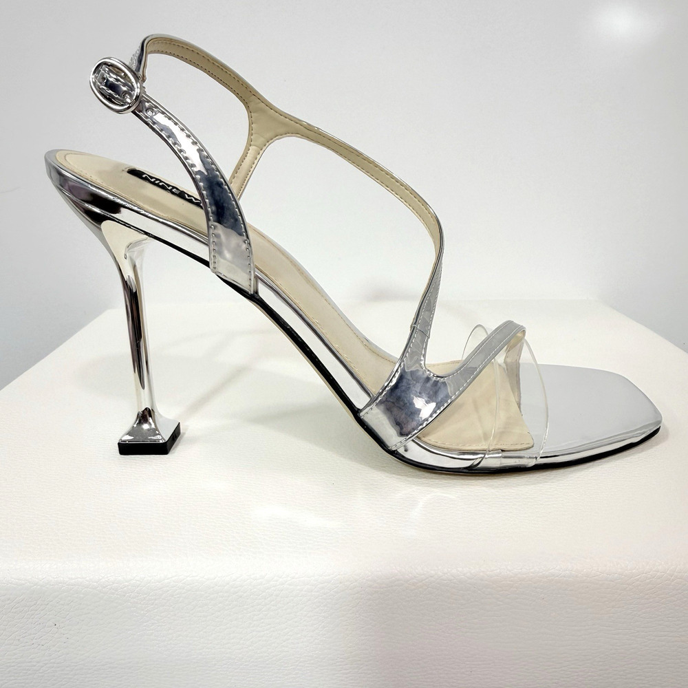 Nine West Heels Pumps Silver Faux Leather Stiletto Open Toe Wo's Size 10 - Picture 2 of 14